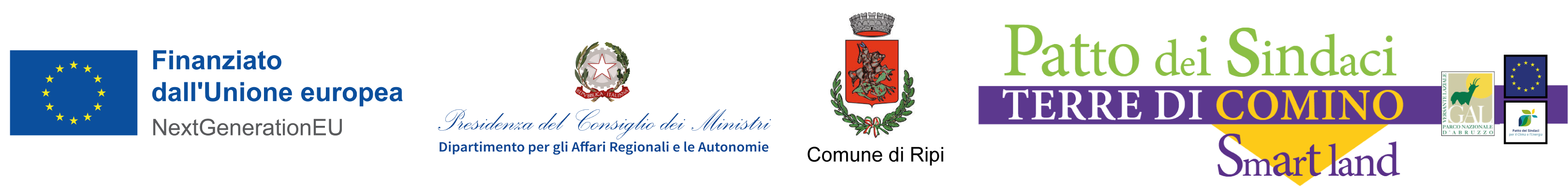 Loghi istituzionali: Finanziato dall'Unione Europea NextGenerationEU, Presidenza del Consiglio dei Ministri - Dipartimento per gli Affari Regionali e le Autonomie, Comune di Ripi, Patto dei Sindaci Terre di Comino Smart Land